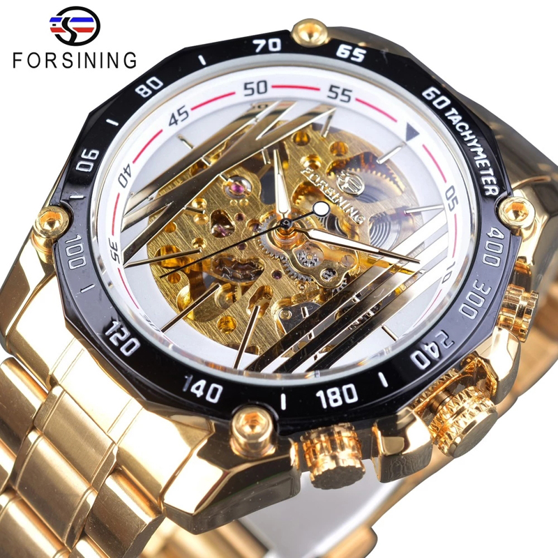 Military Sport Design Automatic Transparent Silver Stainless Steel Skeleton Mens Mechanical Watches