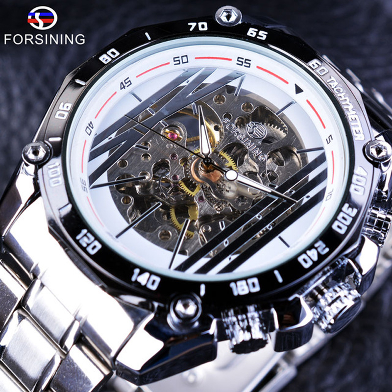 Military Sport Design Automatic Transparent Silver Stainless Steel Skeleton Mens Mechanical Watches