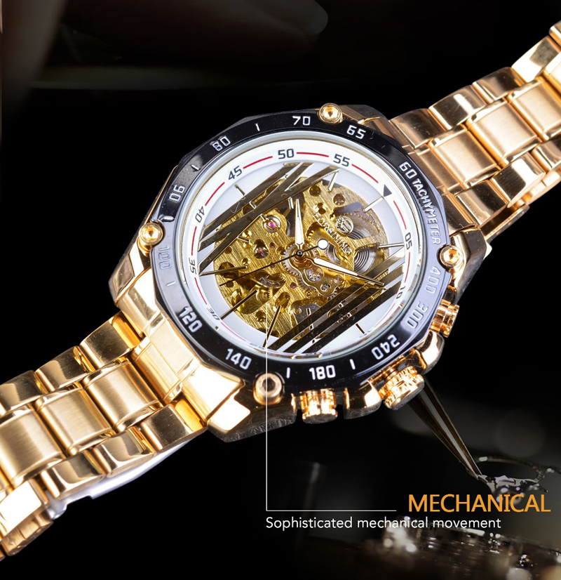 Military Sport Design Automatic Transparent Silver Stainless Steel Skeleton Mens Mechanical Watches