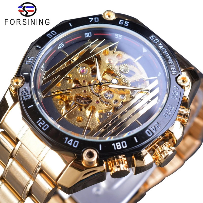 Military Sport Design Automatic Transparent Silver Stainless Steel Skeleton Mens Mechanical Watches