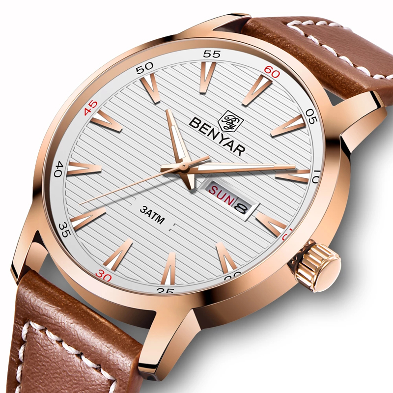 New Men Watch Luxury Top Brand Automatic Week Date Military Fashion Male Quartz Leather Wristwatch