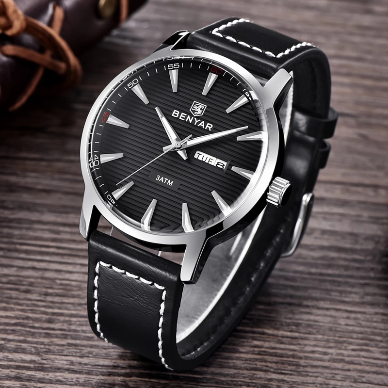 New Men Watch Luxury Top Brand Automatic Week Date Military Fashion Male Quartz Leather Wristwatch