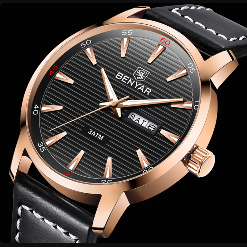 New Men Watch Luxury Top Brand Automatic Week Date Military Fashion Male Quartz Leather Wristwatch