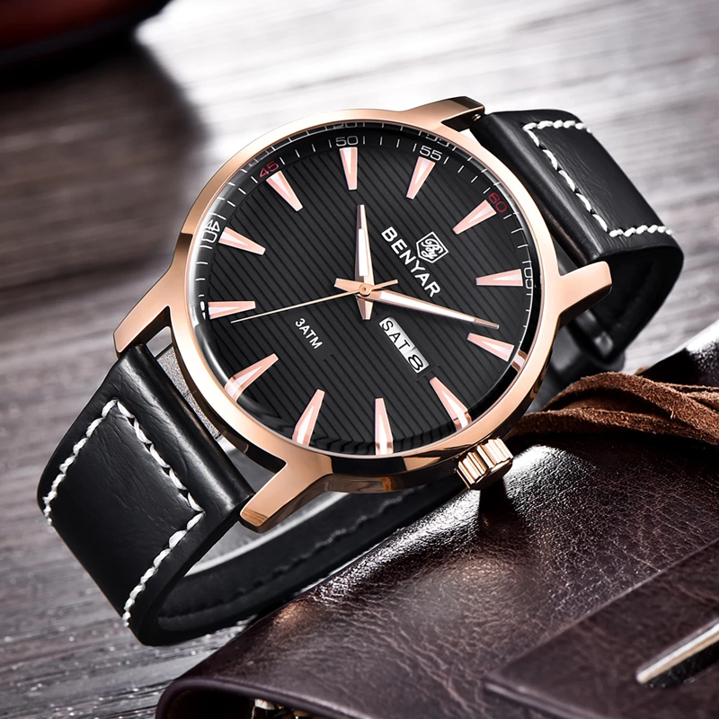 New Men Watch Luxury Top Brand Automatic Week Date Military Fashion Male Quartz Leather Wristwatch