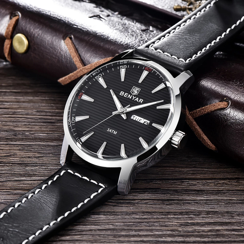 New Men Watch Luxury Top Brand Automatic Week Date Military Fashion Male Quartz Leather Wristwatch