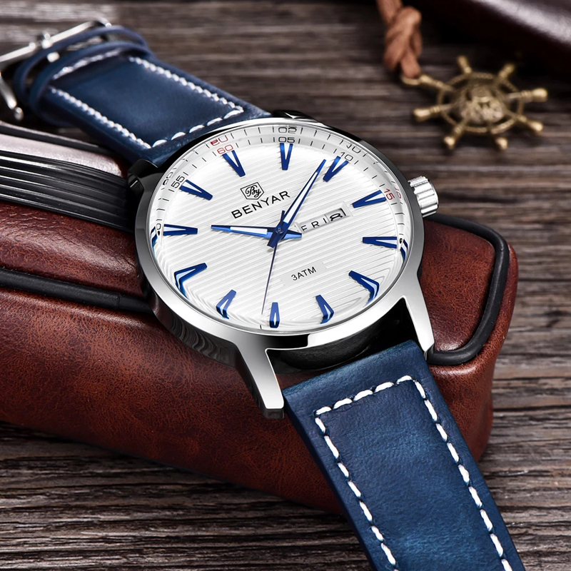 New Men Watch Luxury Top Brand Automatic Week Date Military Fashion Male Quartz Leather Wristwatch