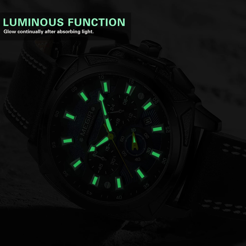 MEGIR Mens Watches Sports Watch Man Luminous Waterproof Leather Band Military Quartz Watch Clock