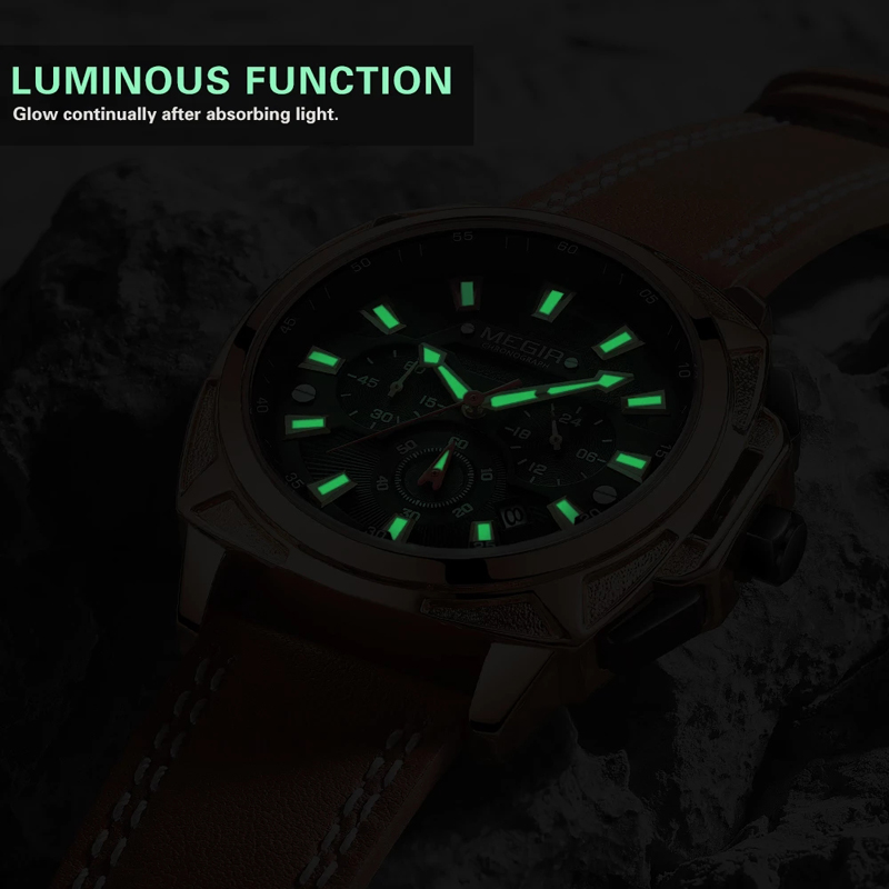 MEGIR Mens Watches Sports Watch Man Luminous Waterproof Leather Band Military Quartz Watch Clock
