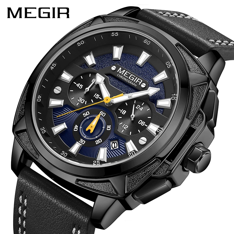MEGIR Mens Watches Sports Watch Man Luminous Waterproof Leather Band Military Quartz Watch Clock