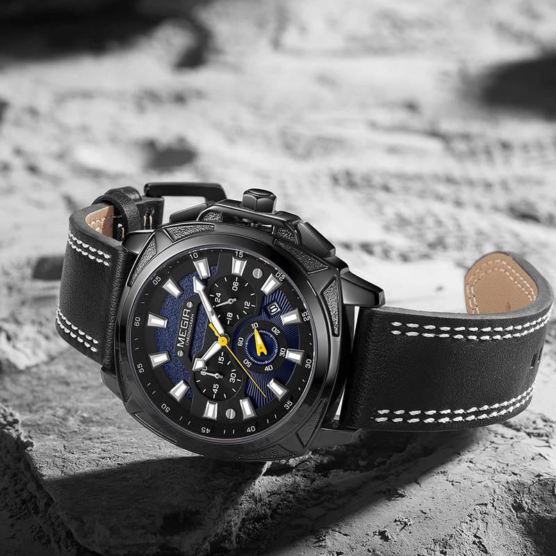 MEGIR Mens Watches Sports Watch Man Luminous Waterproof Leather Band Military Quartz Watch Clock