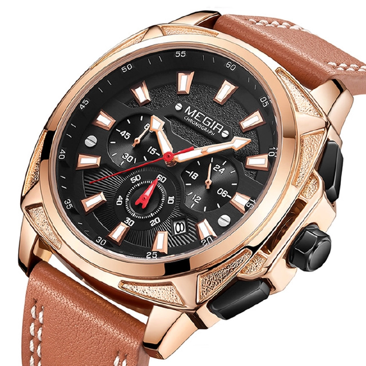 MEGIR Mens Watches Sports Watch Man Luminous Waterproof Leather Band Military Quartz Watch Clock