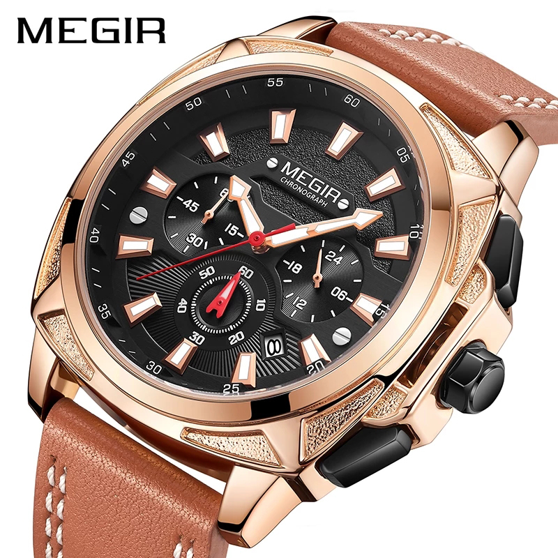 MEGIR Mens Watches Sports Watch Man Luminous Waterproof Leather Band Military Quartz Watch Clock