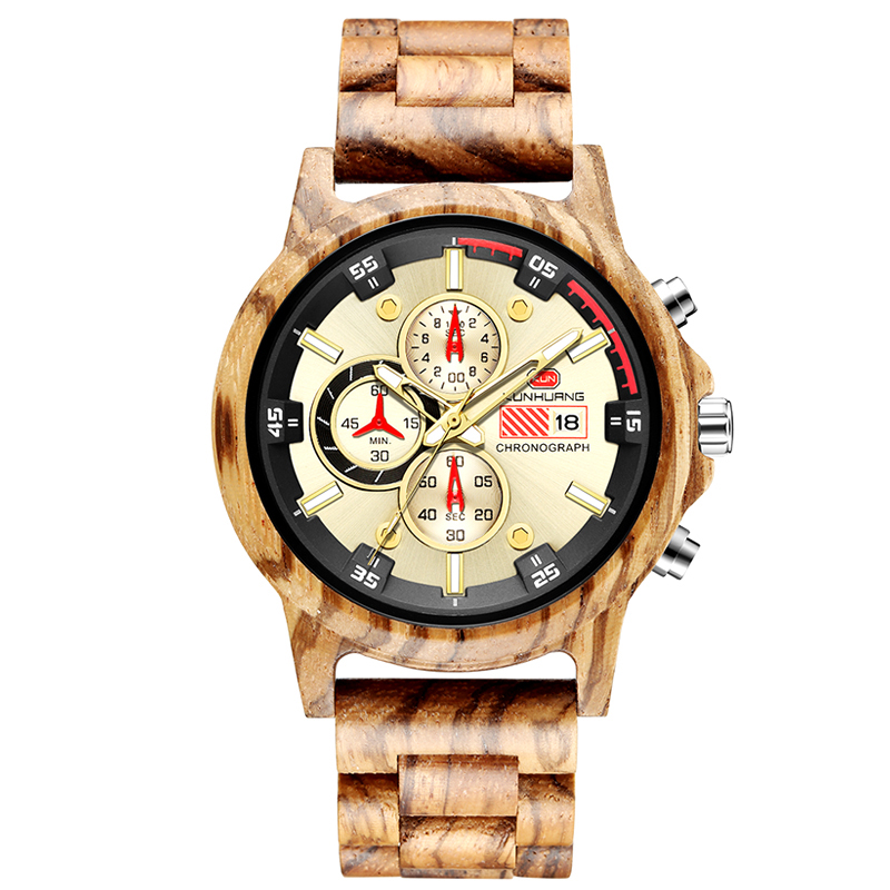 Chronograph Wooden Watches Men Wristwatches Sport Style Wood Bamboo Watch For Men Wrist Wood Strap Quartz Watch Husband Relogio