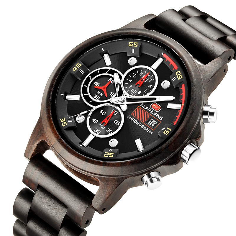 Chronograph Wooden Watches Men Wristwatches Sport Style Wood Bamboo Watch For Men Wrist Wood Strap Quartz Watch Husband Relogio