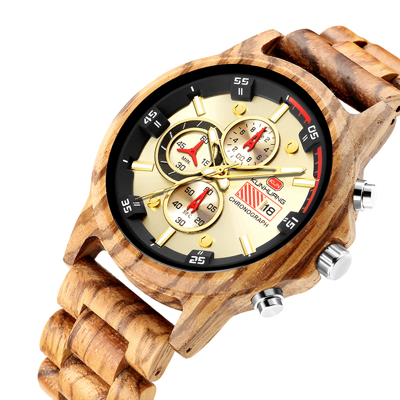 Chronograph Wooden Watches Men Wristwatches Sport Style Wood Bamboo Watch For Men Wrist Wood Strap Quartz Watch Husband Relogio