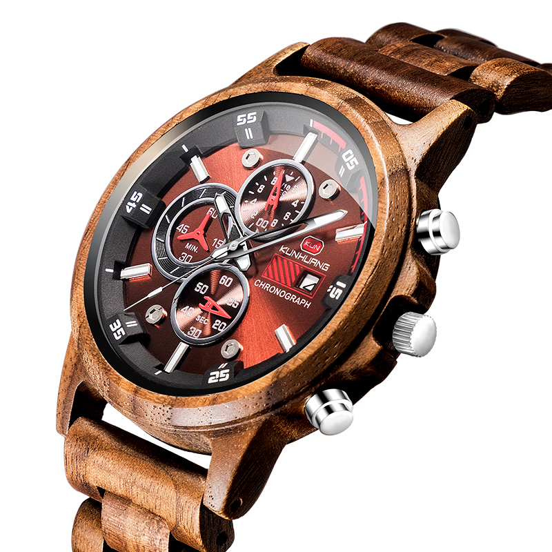 Chronograph Wooden Watches Men Wristwatches Sport Style Wood Bamboo Watch For Men Wrist Wood Strap Quartz Watch Husband Relogio