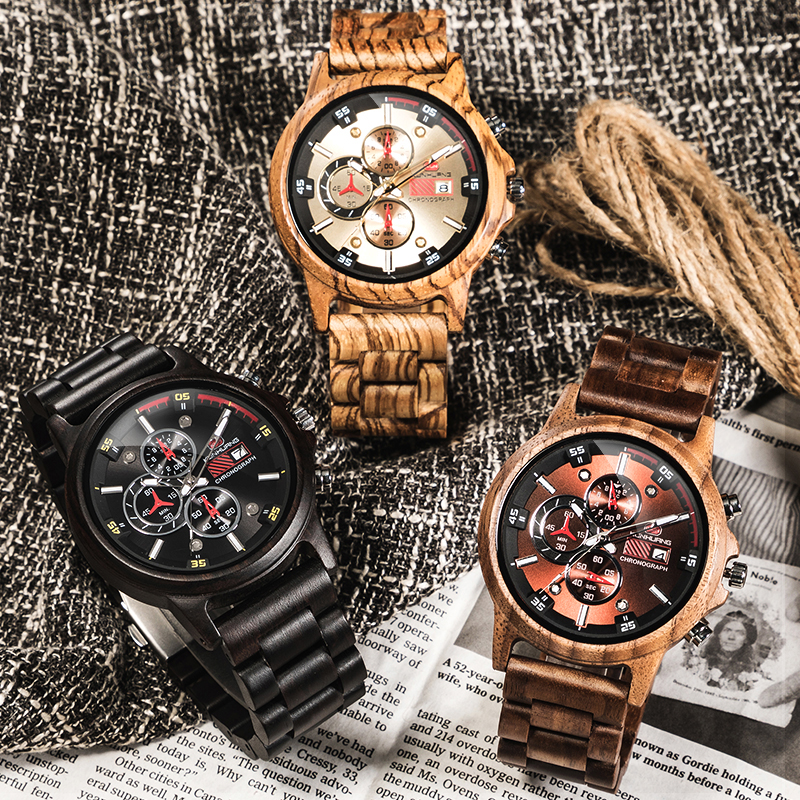 Chronograph Wooden Watches Men Wristwatches Sport Style Wood Bamboo Watch For Men Wrist Wood Strap Quartz Watch Husband Relogio