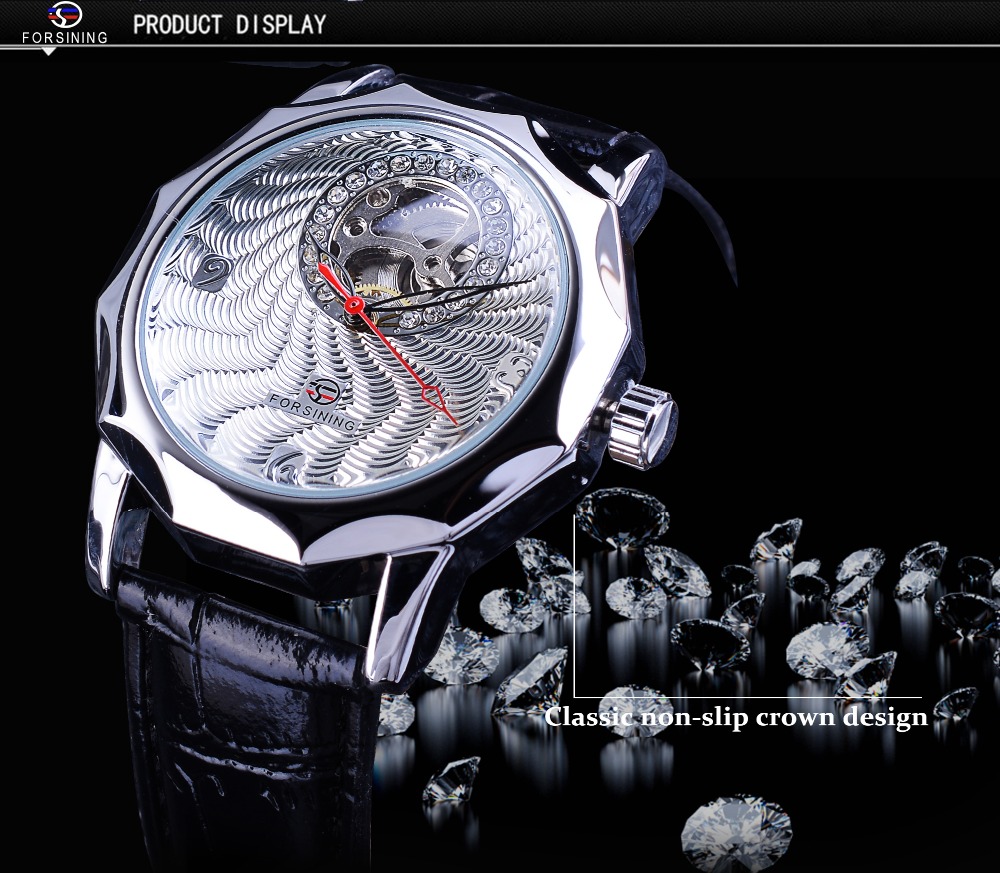 Forsining Fashion Unique Diamond Display Half Skeleton Design Men Silver Automatic Watches Top Brand Luxury Neutral Casual Clock