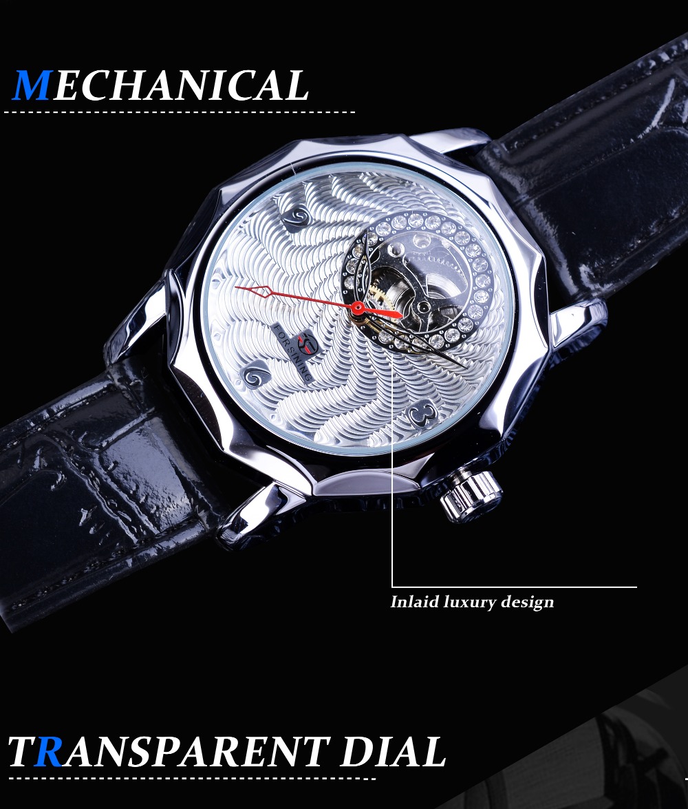 Forsining Fashion Unique Diamond Display Half Skeleton Design Men Silver Automatic Watches Top Brand Luxury Neutral Casual Clock