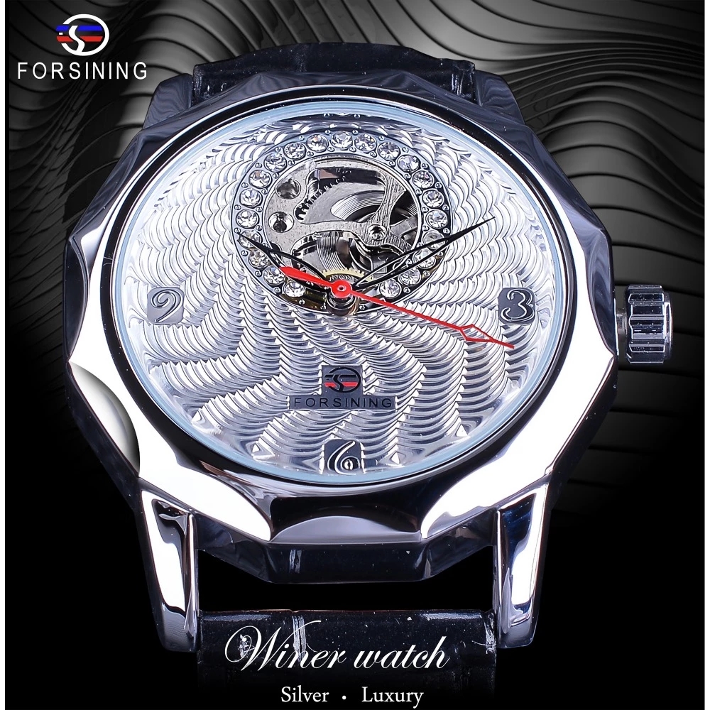 Forsining Fashion Unique Diamond Display Half Skeleton Design Men Silver Automatic Watches Top Brand Luxury Neutral Casual Clock