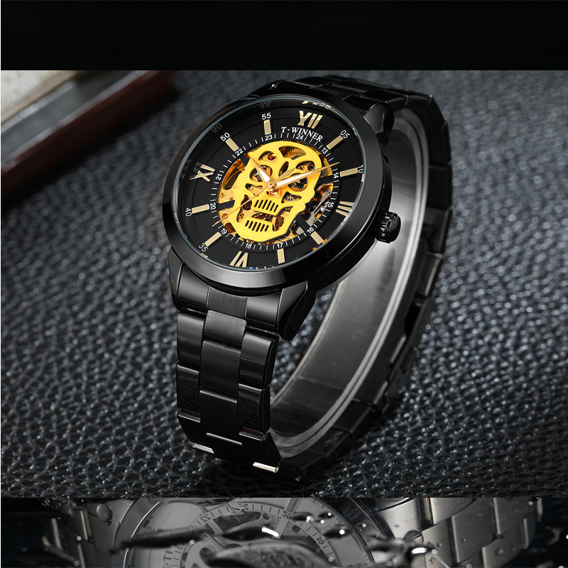 Punk Skull Watch Men Luxury Brand Automatic Self Wind Mechanical Wrist Watches Golden Stainless Steel Strap Casual Sports Clock New fashion trends stainless steel strap watch