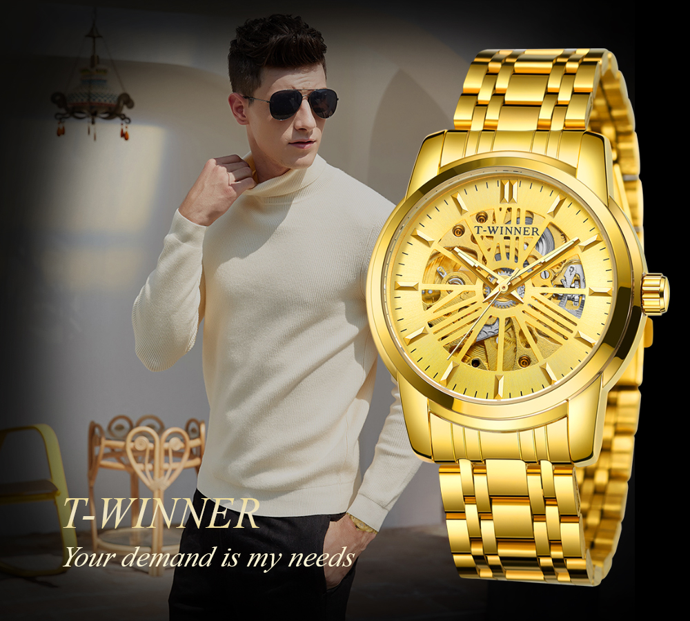 Mechanical Mens Watch Top Brand Luxury Automatic Watch Skeleton Golden Stainless Steel Strap New fashion Design Relogio Masculino Nice Gift Automatic Self-Wind Mechanical