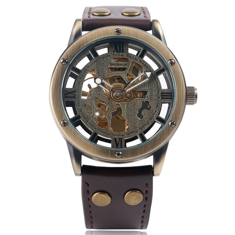 Man's Watch Retro Bronze Tone Skeleton Mechanical Watch Men's Automatic Watches Brown Leather Strap Sports Clocks Relogio Masculino Automatic Self-Wind MechanicalMovement Daily Water Resistant