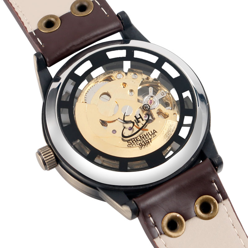 Man's Watch Retro Bronze Tone Skeleton Mechanical Watch Men's Automatic Watches Brown Leather Strap Sports Clocks Relogio Masculino Automatic Self-Wind MechanicalMovement Daily Water Resistant