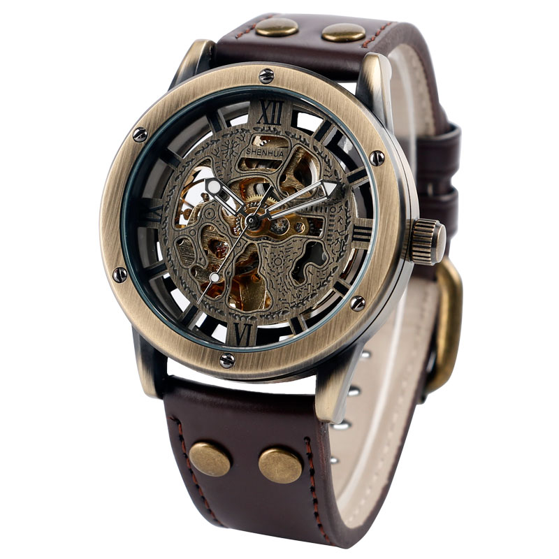 Man's Watch Retro Bronze Tone Skeleton Mechanical Watch Men's Automatic Watches Brown Leather Strap Sports Clocks Relogio Masculino Automatic Self-Wind MechanicalMovement Daily Water Resistant