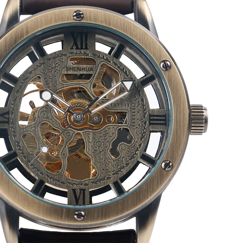 Man's Watch Retro Bronze Tone Skeleton Mechanical Watch Men's Automatic Watches Brown Leather Strap Sports Clocks Relogio Masculino Automatic Self-Wind MechanicalMovement Daily Water Resistant