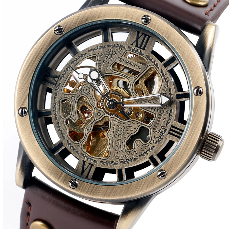 Man's Watch Retro Bronze Tone Skeleton Mechanical Watch Men's Automatic Watches Brown Leather Strap Sports Clocks Relogio Masculino Automatic Self-Wind MechanicalMovement Daily Water Resistant