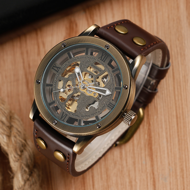 Man's Watch Retro Bronze Tone Skeleton Mechanical Watch Men's Automatic Watches Brown Leather Strap Sports Clocks Relogio Masculino Automatic Self-Wind MechanicalMovement Daily Water Resistant