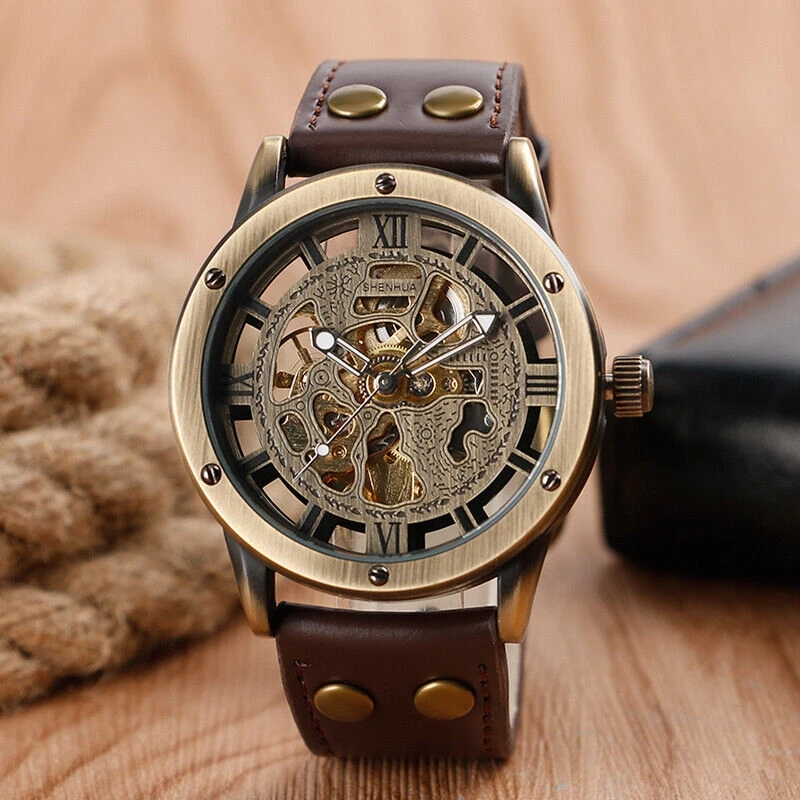 Man's Watch Retro Bronze Tone Skeleton Mechanical Watch Men's Automatic Watches Brown Leather Strap Sports Clocks Relogio Masculino Automatic Self-Wind MechanicalMovement Daily Water Resistant