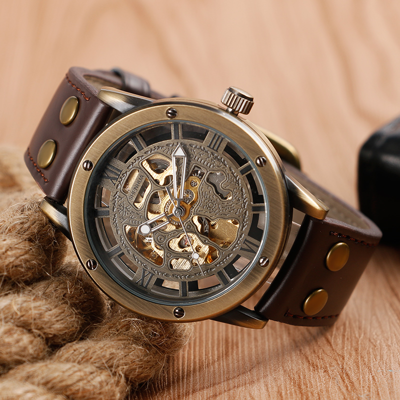 Man's Watch Retro Bronze Tone Skeleton Mechanical Watch Men's Automatic Watches Brown Leather Strap Sports Clocks Relogio Masculino Automatic Self-Wind MechanicalMovement Daily Water Resistant