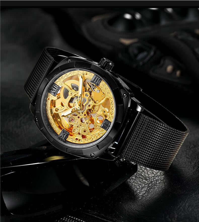 Man's Watch Transparent New Gold Black Watch for Men Mechanical Wristwatches Vintage Engraved Automatic Watches Mens Steel Band No battery needed