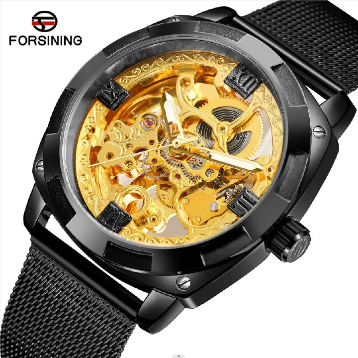 Man's Watch Transparent New Gold Black Watch for Men Mechanical Wristwatches Vintage Engraved Automatic Watches Mens Steel Band No battery needed