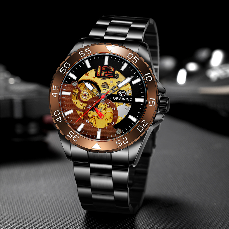 Man's Watch Luxury Brand Fashion Man Clock Mechanical Automatic Men's Watch Luminous Hands Waterproof Black Stainless steel watch case Casual Watches Skeleton dial Daily waterproof