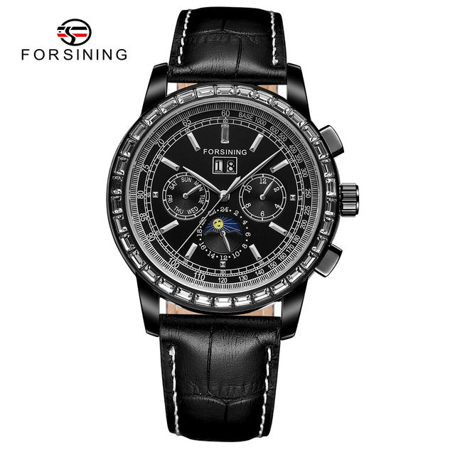 Man's Watch Luxury Automatic Watch Men Moon Phase 3 Dial Multifun Mechanical Male Watches Casual Brown Genuine Leather Band Horloges Mannen Clock Fashion & Casual Mechanical Hand Wind Watch