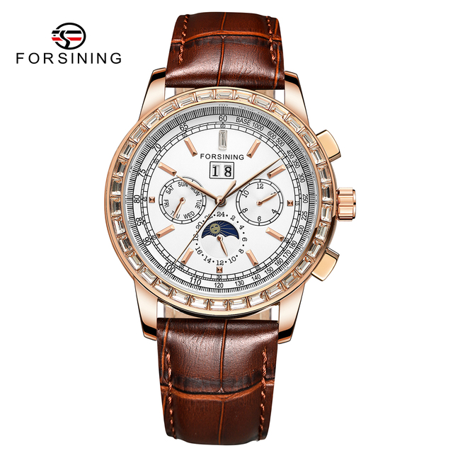 Man's Watch Luxury Automatic Watch Men Moon Phase 3 Dial Multifun Mechanical Male Watches Casual Brown Genuine Leather Band Horloges Mannen Clock Fashion & Casual Mechanical Hand Wind Watch