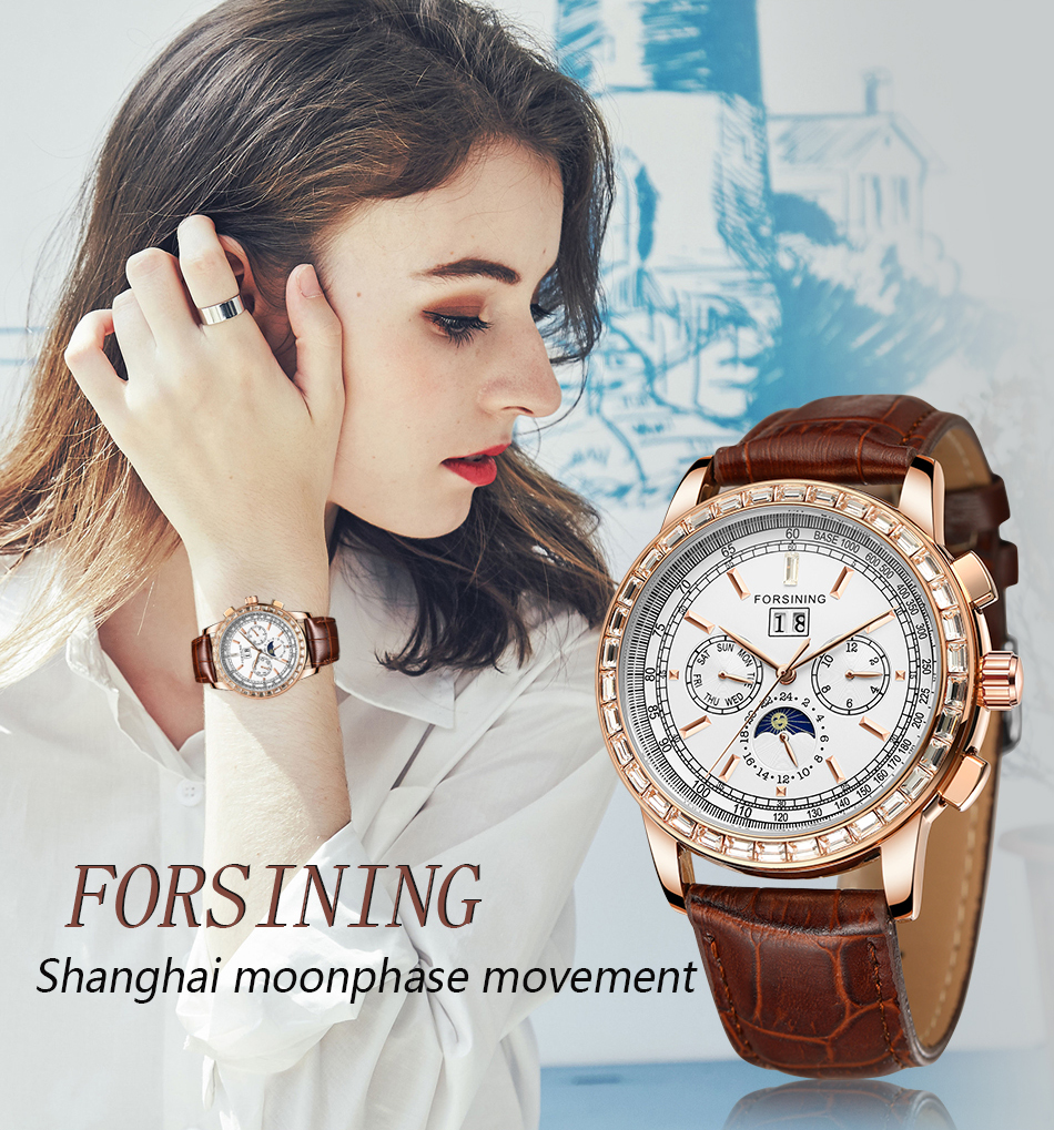 Man's Watch Luxury Automatic Watch Men Moon Phase 3 Dial Multifun Mechanical Male Watches Casual Brown Genuine Leather Band Horloges Mannen Clock Fashion & Casual Mechanical Hand Wind Watch