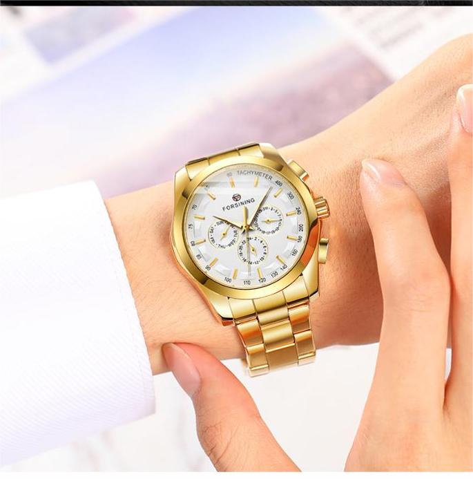 Man's Watch Luxury Brand Mechanical Men Watch Automatic Self Wind movement 3 Sub Dial Date Golden Steel Band Dress Wristwatch Clock Hour Time Stainless steel watch case