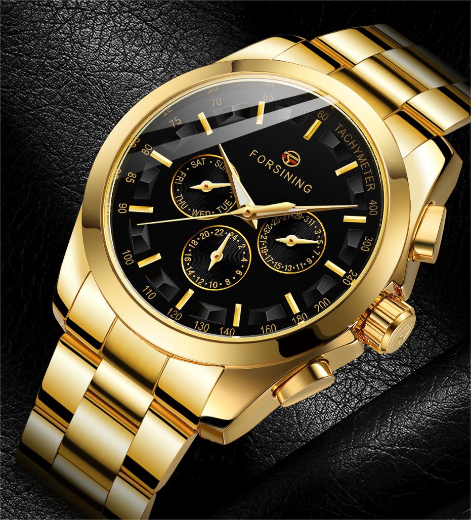 Man's Watch Luxury Brand Mechanical Men Watch Automatic Self Wind movement 3 Sub Dial Date Golden Steel Band Dress Wristwatch Clock Hour Time Stainless steel watch case