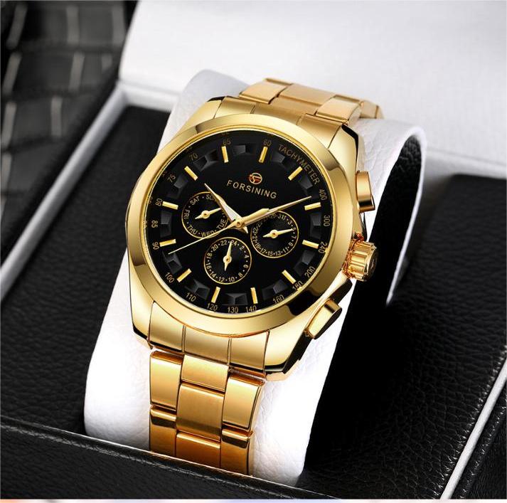 Man's Watch Luxury Brand Mechanical Men Watch Automatic Self Wind movement 3 Sub Dial Date Golden Steel Band Dress Wristwatch Clock Hour Time Stainless steel watch case