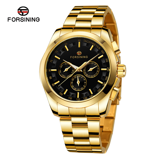 Man's Watch Luxury Brand Mechanical Men Watch Automatic Self Wind movement 3 Sub Dial Date Golden Steel Band Dress Wristwatch Clock Hour Time Stainless steel watch case