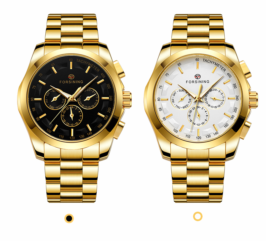 Man's Watch Luxury Brand Mechanical Men Watch Automatic Self Wind movement 3 Sub Dial Date Golden Steel Band Dress Wristwatch Clock Hour Time Stainless steel watch case