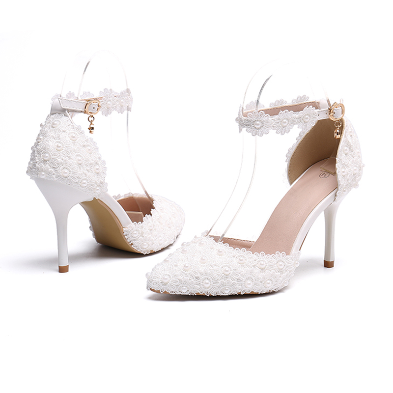 Women's spot lace Pearl tip bride wedding shoe buckle shallow banquet shoes white 34-43