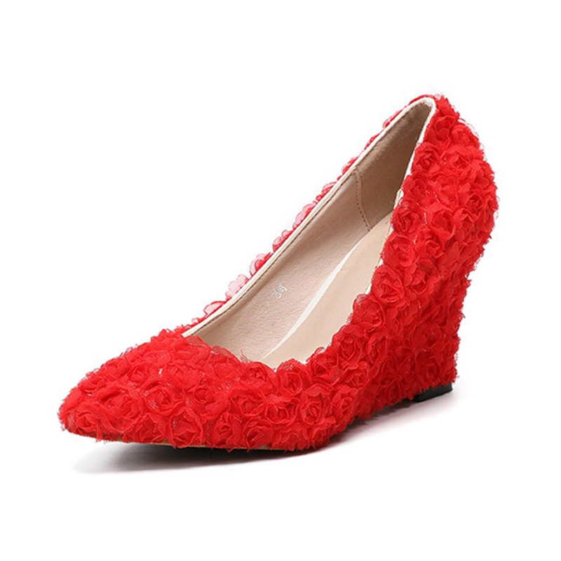 Women's new lace bridal shoes, pointy, shallow-mouthed heels, white, red, pink, 34-43.
