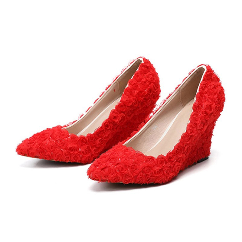 Women's new lace bridal shoes, pointy, shallow-mouthed heels, white, red, pink, 34-43.