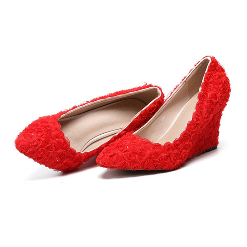 Women's new lace bridal shoes, pointy, shallow-mouthed heels, white, red, pink, 34-43.