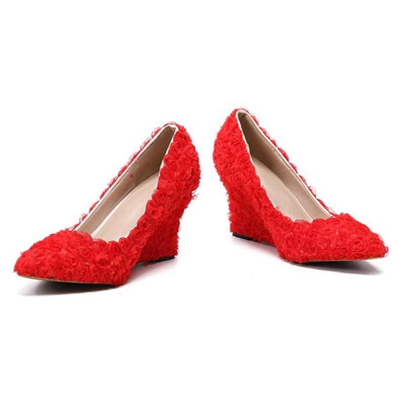 Women's new lace bridal shoes, pointy, shallow-mouthed heels, white, red, pink, 34-43.